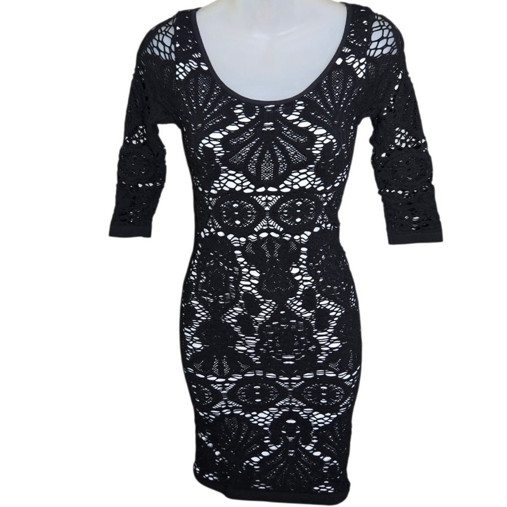 Free People Womens Whimsigoth Crochet Dress Size M/L Lace Bodycon Black Stretch